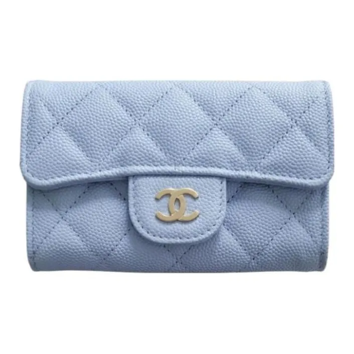 CHANEL Grain Caviar Calfskin Card Holder Regular Women's Light Blue-0