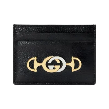 GUCCI Zumi Grained Leather Card Clip Card Holder Women's Black