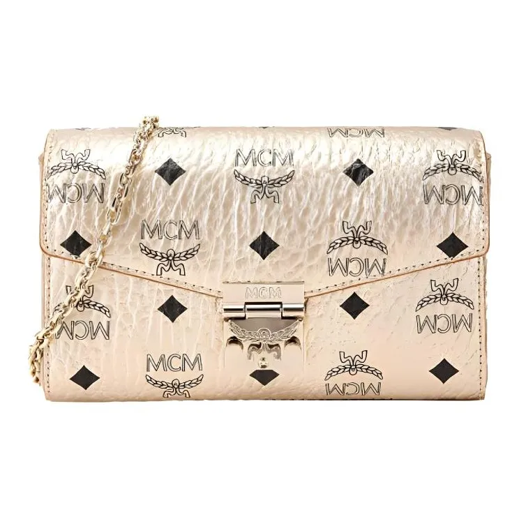 MCM Millie Visetos Leather With Fabric One Shoulder Handbag, Crossbody Bag Small Size Women's Gold-0