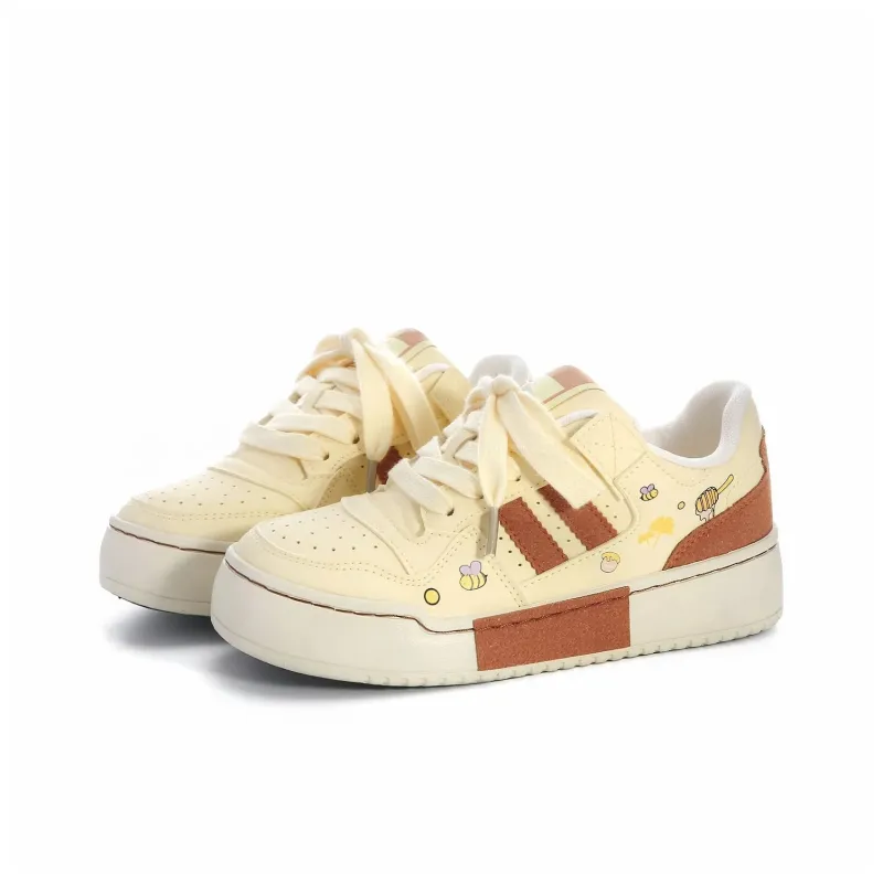Anime Story Low Top Skateboard Shoes Women's Cream Yellow-2