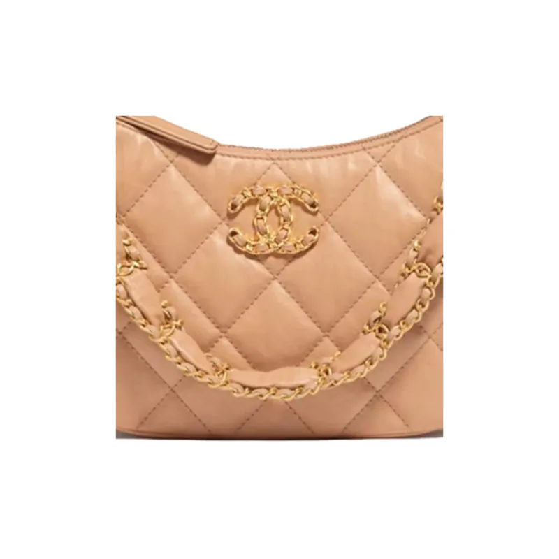CHANEL Cow Leather Shoulder Bag, Hobo Bag, Handbag Tubas Women's Beige-1