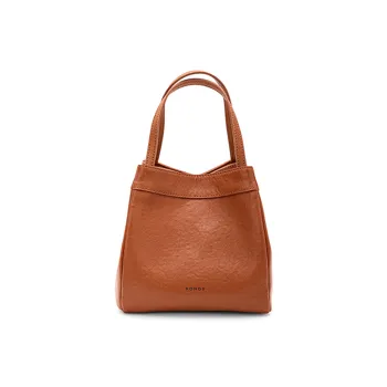 HONGU Cow Leather One Shoulder Handbag Bucket Bag Small Size Women's Brown/Pitch Black