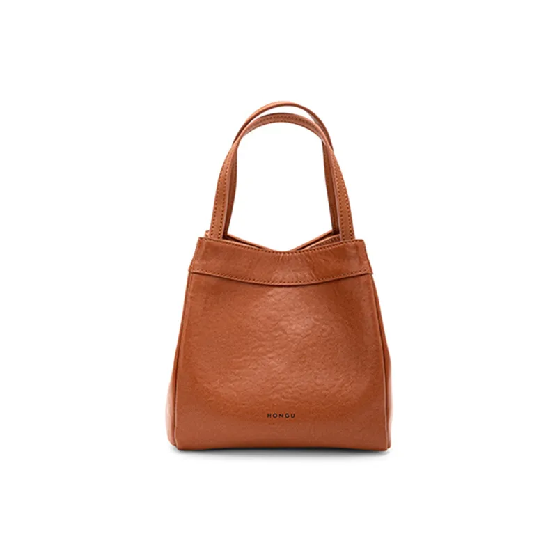 HONGU Cow Leather One Shoulder Handbag, Bucket Bag Trumpets Women's Brown/Pitch Black-0