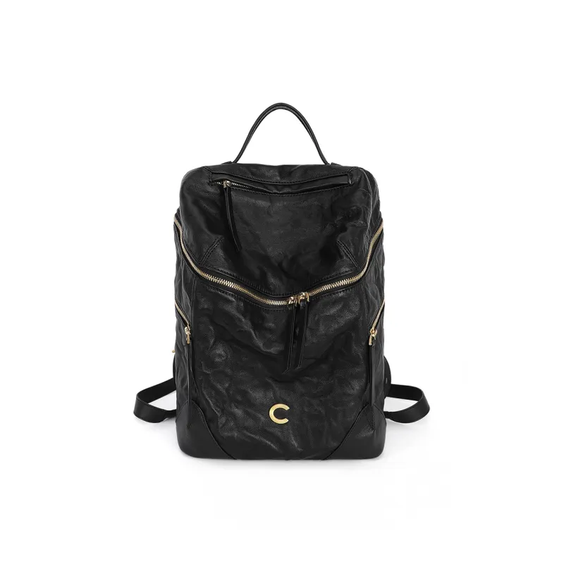 CASSILE Vegetable Tanned Top Grain Calfskin Handbag Backpack Computer Large Bag Unisex Truffle Black-1