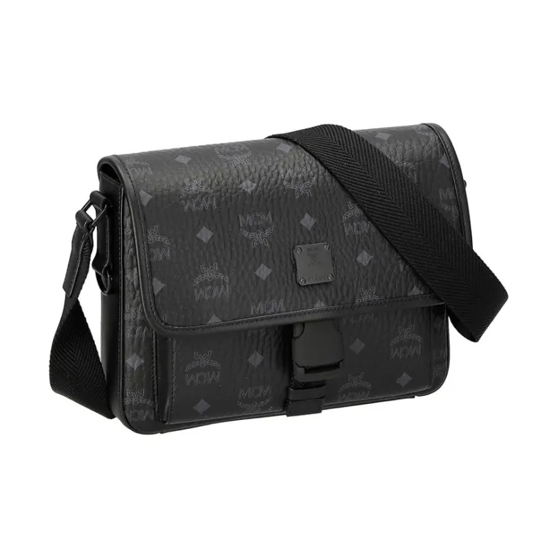 MCM Klassik Visetos Nappa Leather Trim Messenger Bag, Shoulder Bag, Crossbody Bag Trumpets Men's Black-2