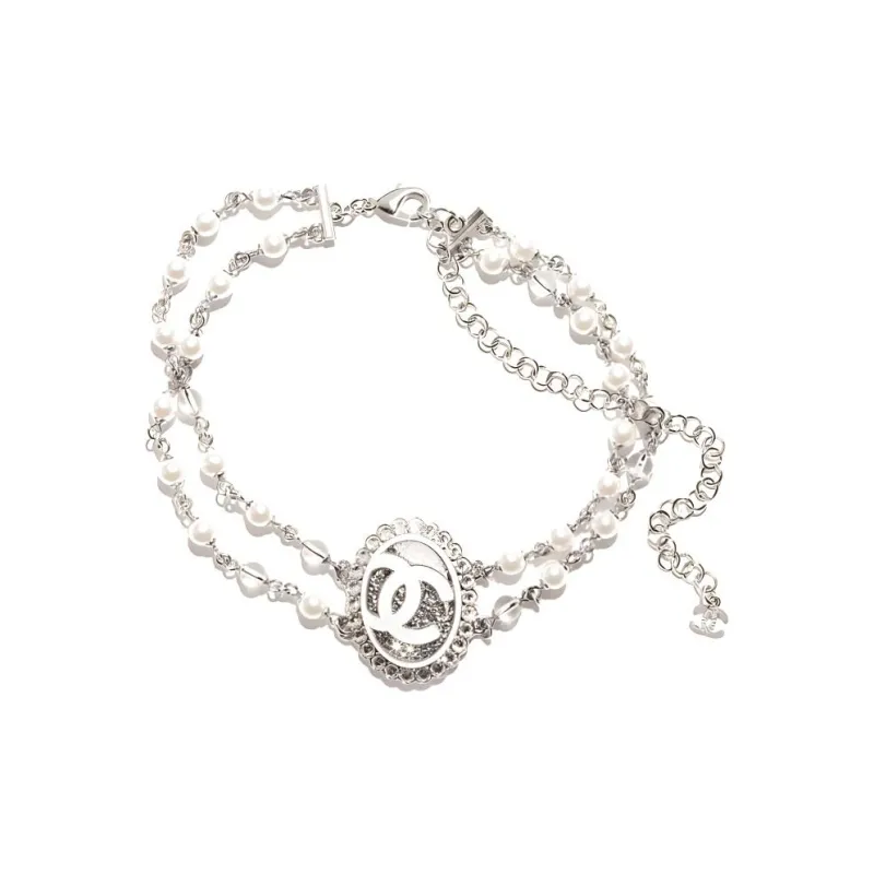 CHANEL Metal Resin Faux-Pearl Rhinestone Necklaces Women's Silver-0