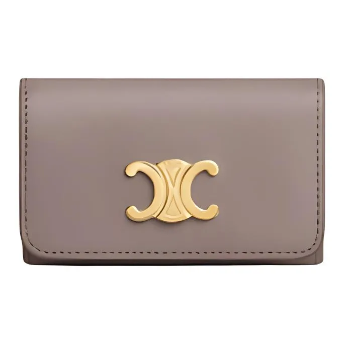CELINE Triomphe Shiny Calfskin Key Pouch Women's Egg Stone Color-0
