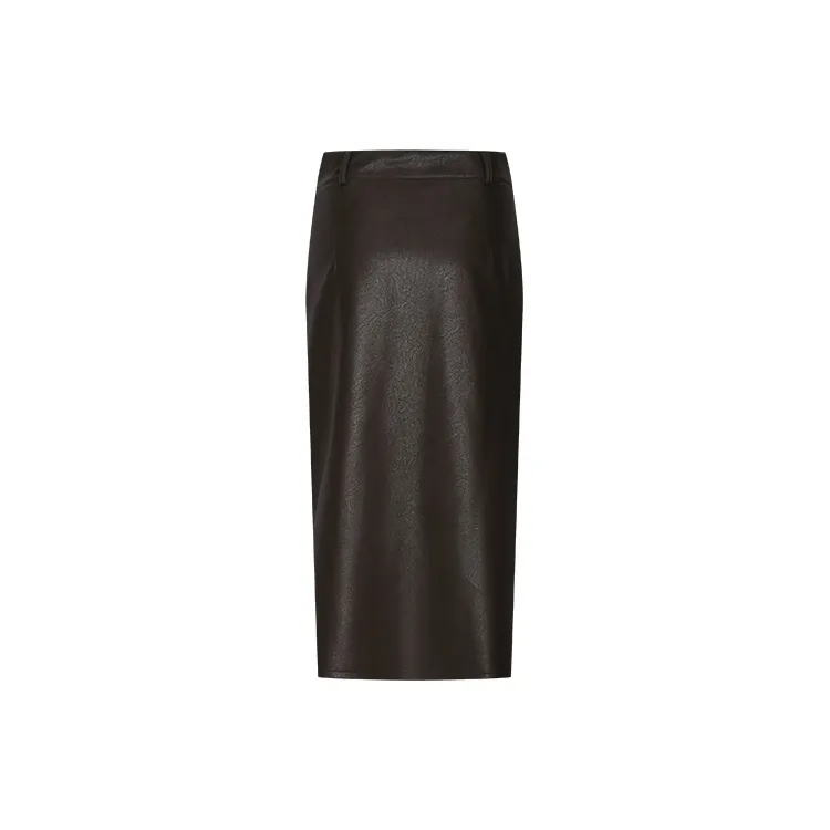 URBAN REVIVO Leather Long Skirt Women's Coffee Brown-1