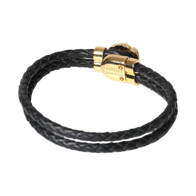 VERSACE Metal Leather Bracelets Unisex Black-2