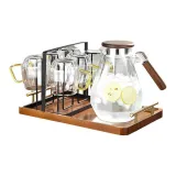 Transparent Flagon+6 Cups+Cup Saucer+Solid Wood Tray