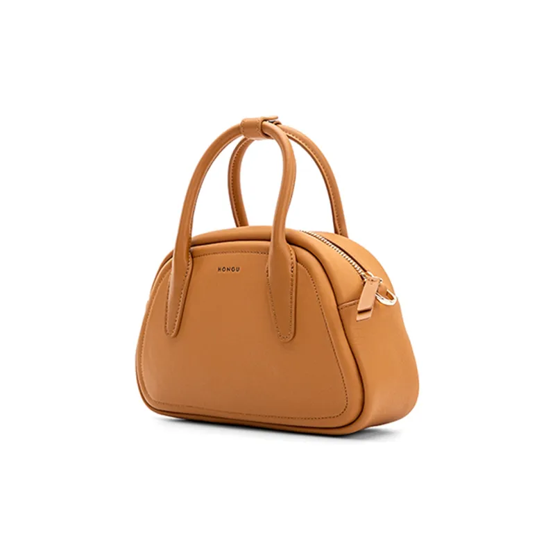 HONGU Cow Leather Bowling Bag, Handbag Trumpets Women's Brown/Black-1