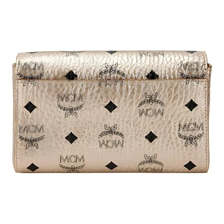 MCM Millie Visetos Leather With Fabric One Shoulder Handbag, Crossbody Bag Small Size Women's Gold-2