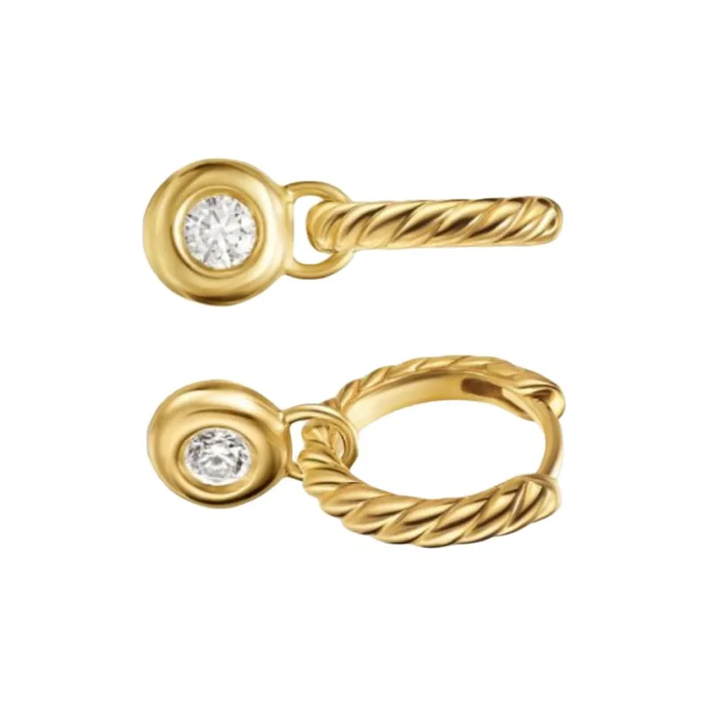 David Yurman 18kt Yellow Gold Petite Cable Diamond Huggie Drop Earrings 17.5mm-1