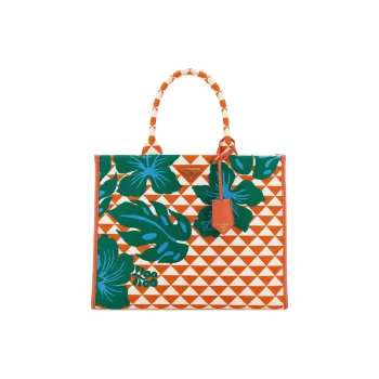 PRADA Symbole Embroidered Fabric Tote Bag Shopping Bag Handbag Large Size Women's Orange