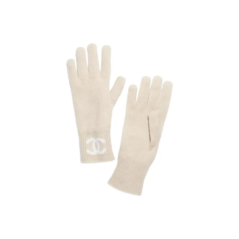 CHANEL Cashmere Knit Gloves Women's Beige-0
