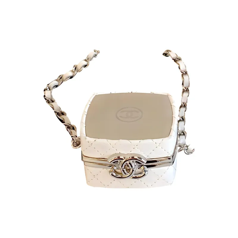 CHANEL Lambskin Powder Bag, Makeup Box Bag, Crossbody Bag, Shoulder Bag Women's White/Silver-0
