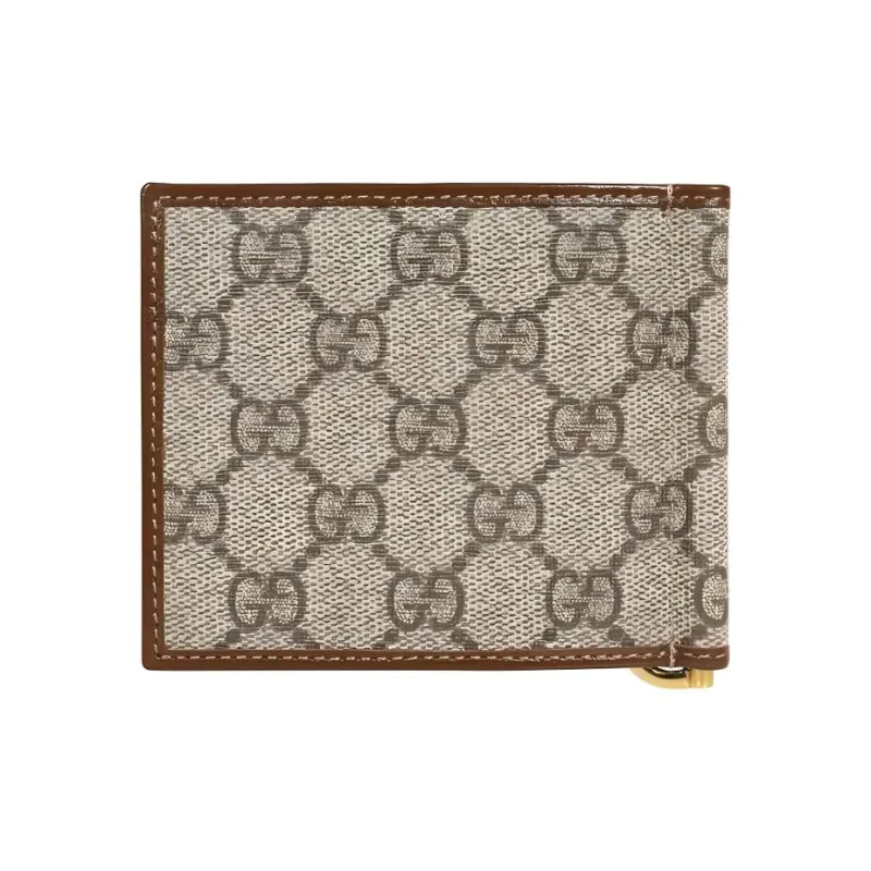 GUCCI Canvas With Leather Card Clip Wallet Men's Brown & Ebony-1