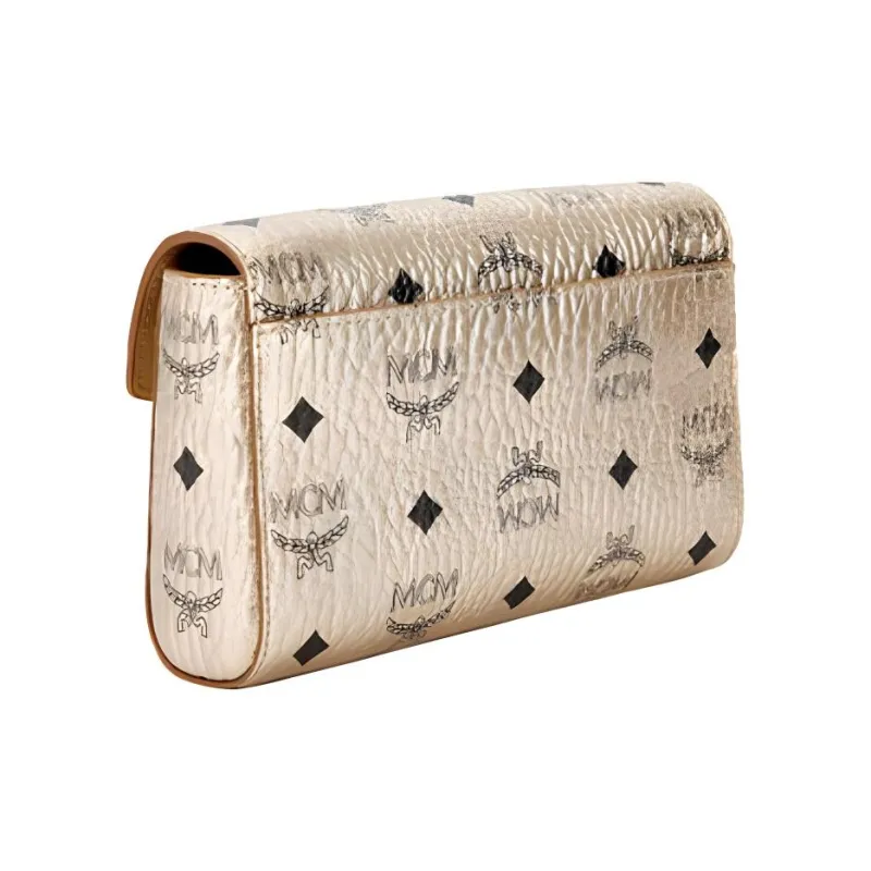 MCM Millie Visetos Leather With Fabric One Shoulder Handbag, Crossbody Bag Small Size Women's Gold-3