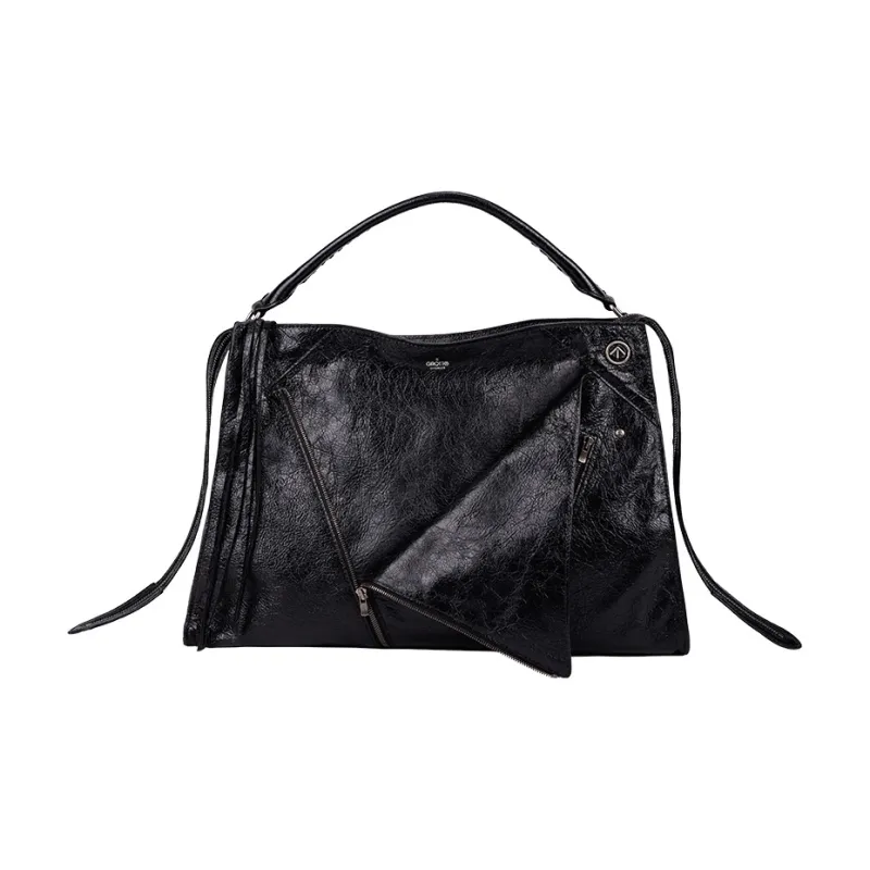 GROTTO Cow Leather Patchwork With Sheepskin Shoulder Bag Crossbody Bag Handbags Large Size Unisex Night Silver-5