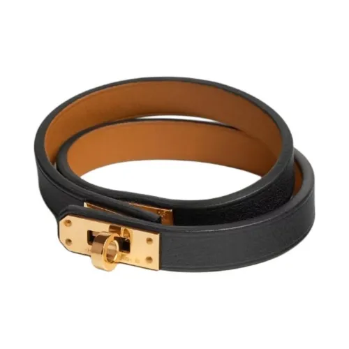 HERMES Leather Calfskin Yellow Gold Wristbands Women's Black