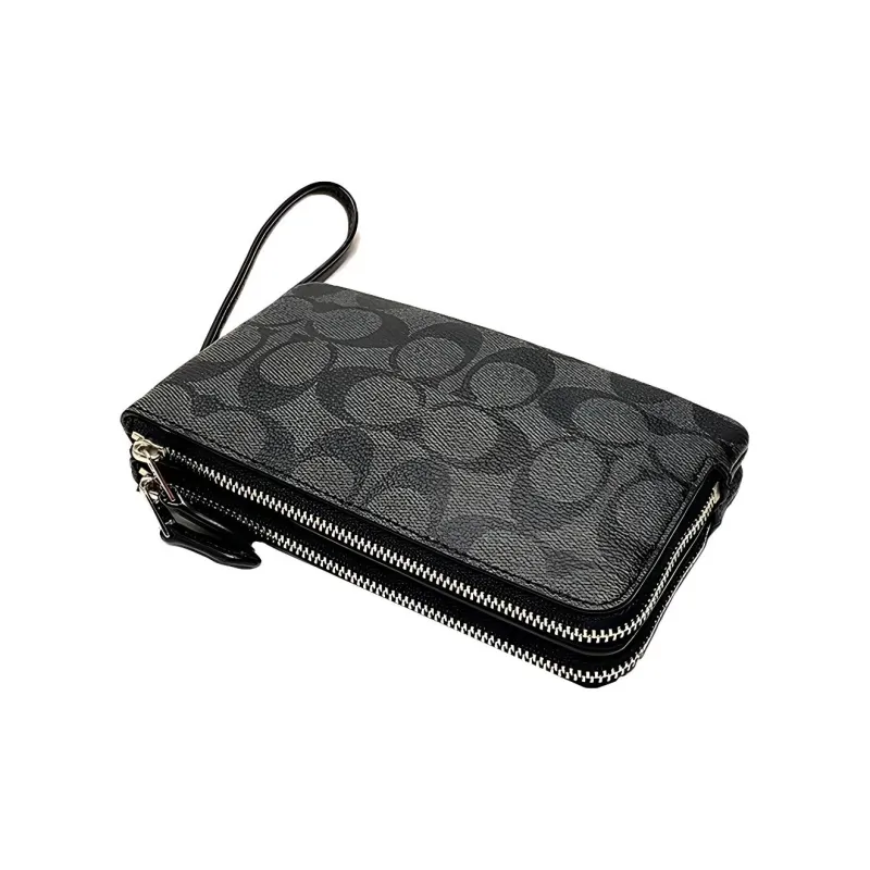COACH Corner Zip Canvas With Cow Leather Wrist Bag Clutch Mahjong Wallet Women's Gunmetal Gray-3