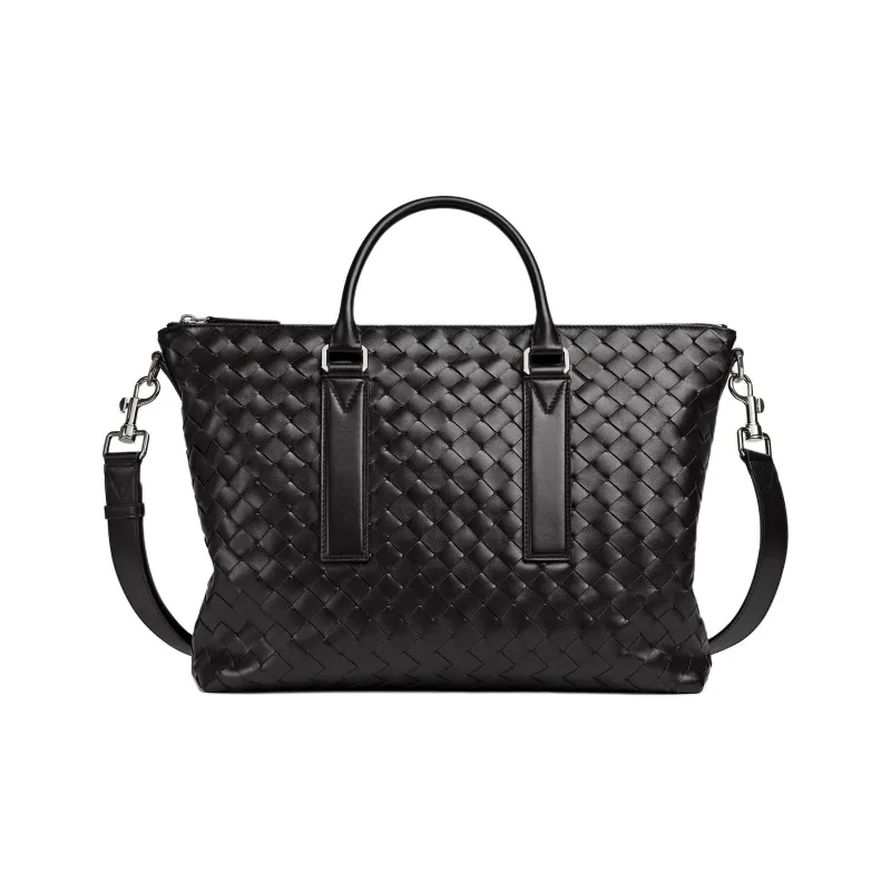 Bottega Veneta Calfskin Portable One Shoulder Crossbody Briefcases Men's Black-0