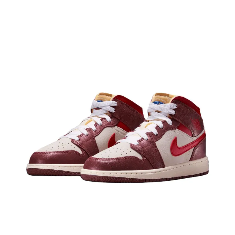 Jordan Air Jordan 1 Abrasion Resistant Mid Top Children's Basketball Shoes White Brown Red Unisex-2
