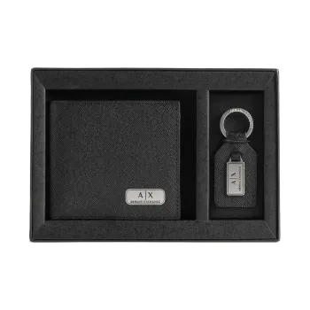ARMANI EXCHANGEAE Grain Cow Leather Wallet Combo Set Men's Black