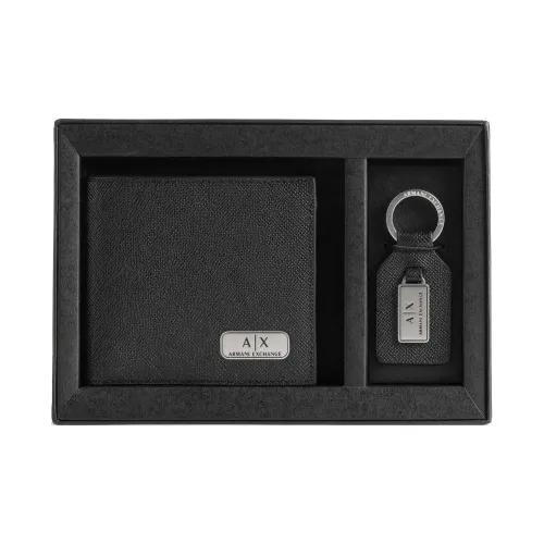 ARMANI EXCHANGEAE Grain Cow Leather Wallet Combo Set Men's Black