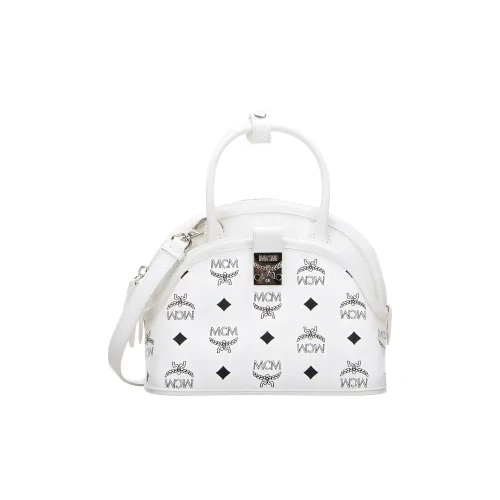 MCM Tracy Visetos Coated Canvas With Leather Shoulder Bag Crossbody Bag Handbag Small Size Women's White