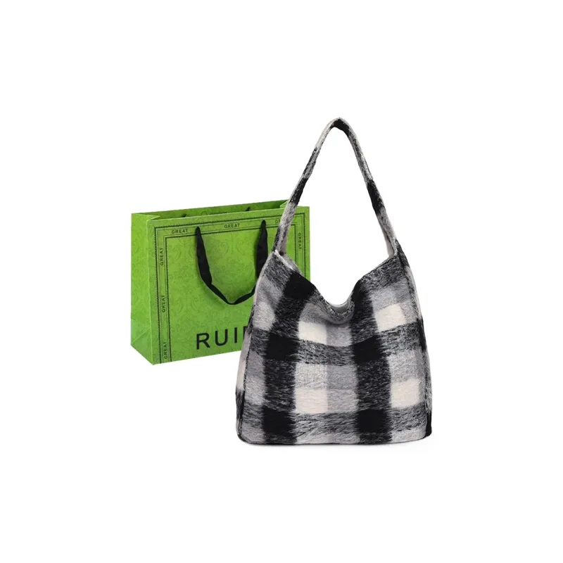 RUIPAI Woolen Tote Bag, Shopping Bag, Shoulder Bag Regular Women's Gray/Black/Black White Plaid/Brown-14