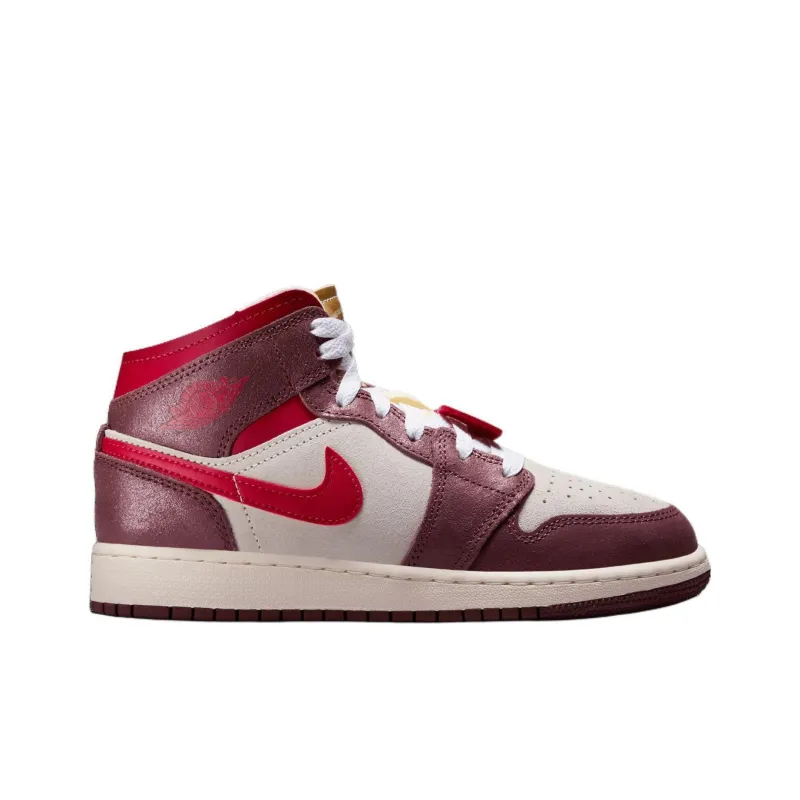 Jordan Air Jordan 1 Abrasion Resistant Mid Top Children's Basketball Shoes White Brown Red Unisex-1