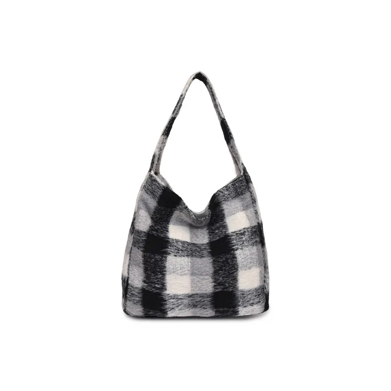 RUIPAI Woolen Tote Bag, Shopping Bag, Shoulder Bag Regular Women's Gray/Black/Black White Plaid/Brown-15