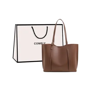 COMELY Cow Leather Patchwork Synthetic Leather Tote Bag Shopping Bag Shoulder Bags Medium Size Women's Coffee