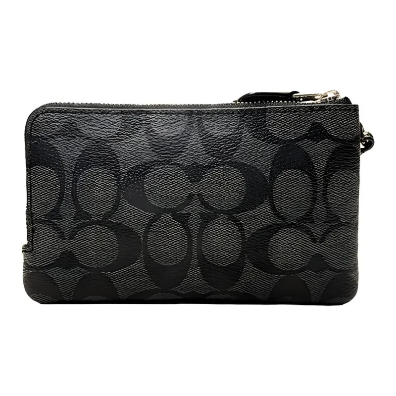 COACH Corner Zip Canvas With Cow Leather Wrist Bag Clutch Mahjong Wallet Women's Gunmetal Gray-2