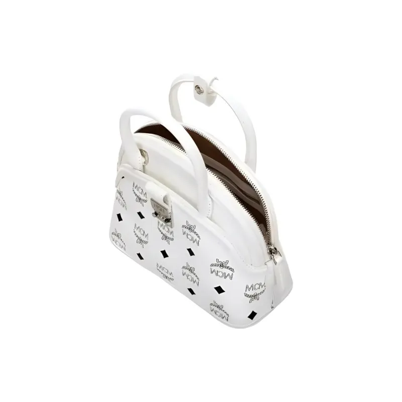 MCM Tracy Visetos Coated Canvas With Leather Shoulder Bag Crossbody Bag Handbag Small Size Women's White-3