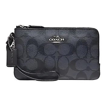 COACH Corner Zip Canvas With Cow Leather Wrist Bag Clutch Mahjong Wallet Women's Gunmetal Gray