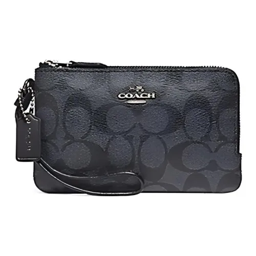 COACH Corner Zip Canvas With Cow Leather Wrist Bag Clutch Mahjong Wallet Women's Gunmetal Gray