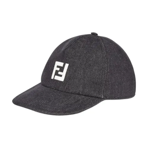 FENDI Cotton Denim Metal Baseball Caps Men's Black