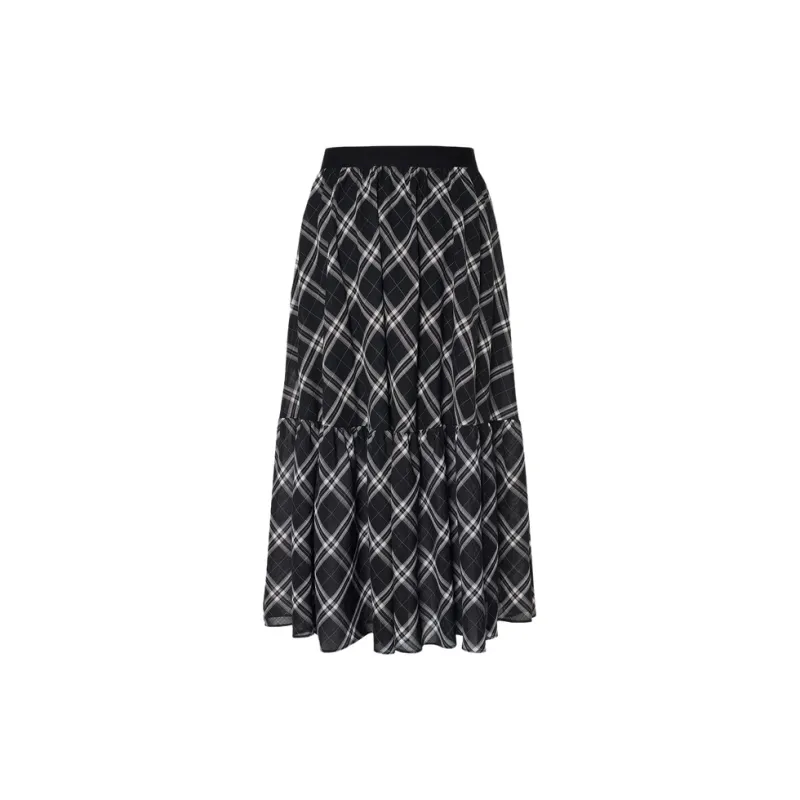 MOCO Casual Long Skirt Women's Black White Plaid-1