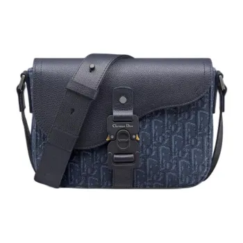 DIOR OBLIQUE Cow Leather Saddle Bag Crossbody Shoulder Bag Small Size Women's Marine Blue