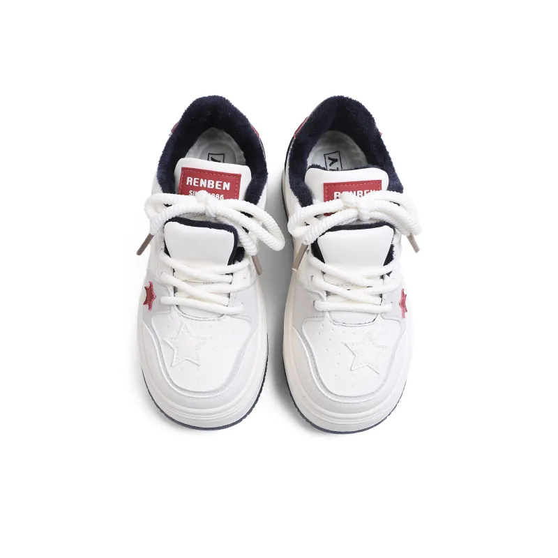 RENBEN Warm And Wear Resistant Low Top Skateboard Shoes Women's White Dark Blue-2