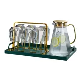 Ashtray Crystal Diamond Teapot+Gradient Blue Crystal Diamond Cup 6 Pack+Gold Stand+Dark Green Iron Tray