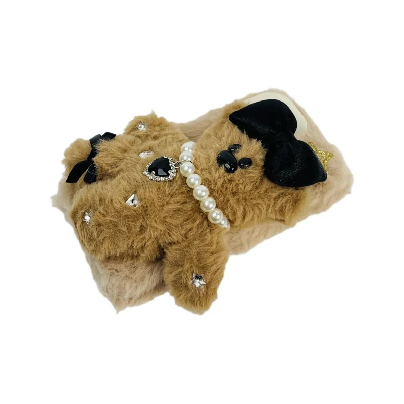 Wei Xin Plush Material Furry Bowknot Bear Phone Cases Compatible With IPhone 16/15 Pro Max/Apple 13/14 Pro Max/12-3