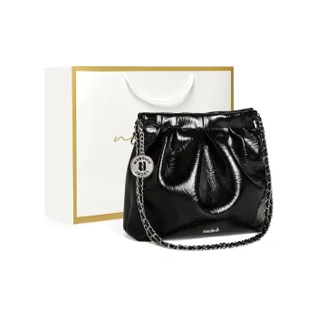 Narandu Synthetic Leather Bucket Bag Shoulder Bag Hobo Bag Regular Women's Midnight Black/Ecru
