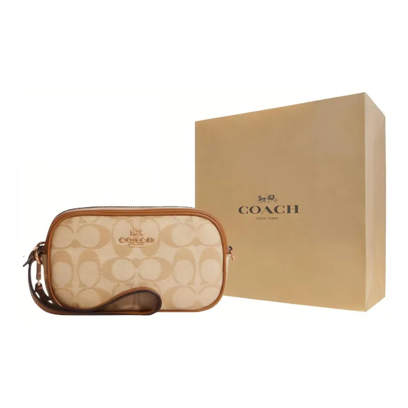 COACH Jamie Coated Canvas With Leather Camera Bag Coin Purse Clutch Wrist Bag Small Size Women's Light Khaki-4