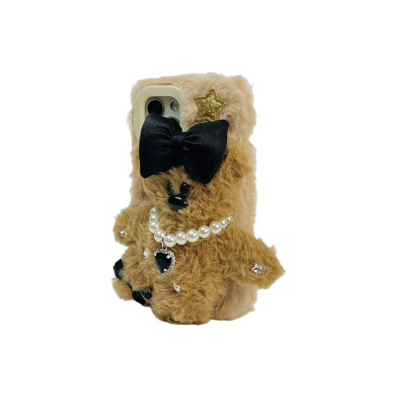 Wei Xin Plush Material Furry Bowknot Bear Phone Cases Compatible With IPhone 16/15 Pro Max/Apple 13/14 Pro Max/12-2