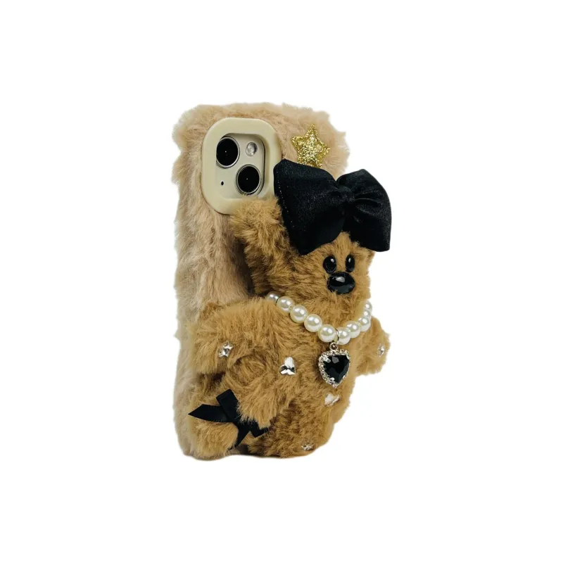 Wei Xin Plush Material Furry Bowknot Bear Phone Cases Compatible With IPhone 16/15 Pro Max/Apple 13/14 Pro Max/12-1