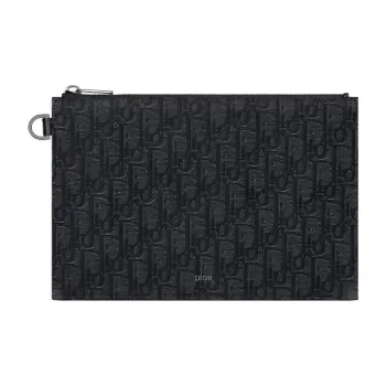 DIOR Oblique Printed Fabric With Grain Cow Leather Clutch Men's Black