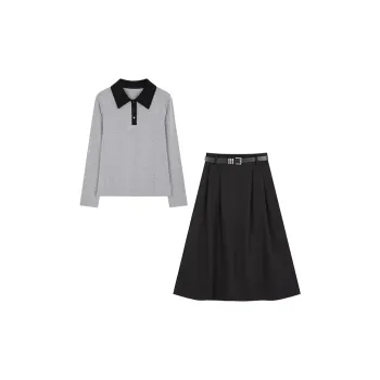 Mo Han Yi Mei Skirt Set Women's Gray Top And Black Bottom